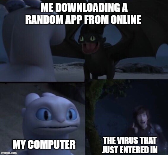 How to train your dragon 3 | ME DOWNLOADING A RANDOM APP FROM ONLINE; MY COMPUTER; THE VIRUS THAT JUST ENTERED IN | image tagged in how to train your dragon 3 | made w/ Imgflip meme maker