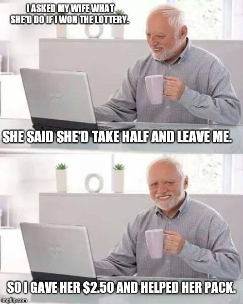 I won 5 bucks!!! | I ASKED MY WIFE WHAT SHE'D DO IF I WON THE LOTTERY. SHE SAID SHE'D TAKE HALF AND LEAVE ME. SO I GAVE HER $2.50 AND HELPED HER PACK. | image tagged in memes,hide the pain harold | made w/ Imgflip meme maker