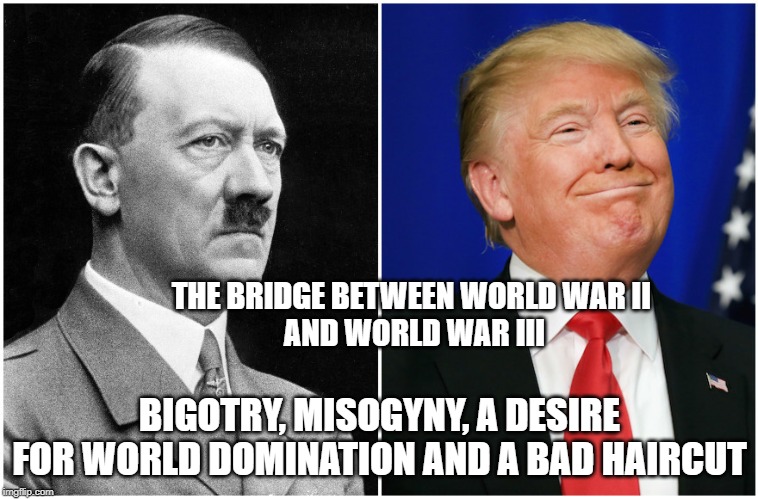 DT next to Hitler | THE BRIDGE BETWEEN WORLD WAR II 
AND WORLD WAR III; BIGOTRY, MISOGYNY, A DESIRE FOR WORLD DOMINATION AND A BAD HAIRCUT | image tagged in dt next to hitler | made w/ Imgflip meme maker