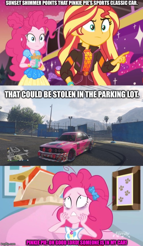 Sunset found Pinkie Pie’s Classic Sentinel in GTA online | SUNSET SHIMMER POINTS THAT PINKIE PIE’S SPORTS CLASSIC CAR. THAT COULD BE STOLEN IN THE PARKING LOT. PINKIE PIE: OH GOOD LORD! SOMEONE IS IN MY CAR! | image tagged in gta online,sunset shimmer,pinkie pie,my little pony,equestria girls,car | made w/ Imgflip meme maker