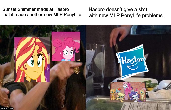 Sunset mads at Hasbro with MLP PonyLife reveal trailer | Sunset Shimmer mads at Hasbro that it made another new MLP PonyLife. Hasbro doesn’t give a sh*t with new MLP PonyLife problems. | image tagged in memes,woman yelling at cat,sunset shimmer,pinkie pie,mlp,meme | made w/ Imgflip meme maker