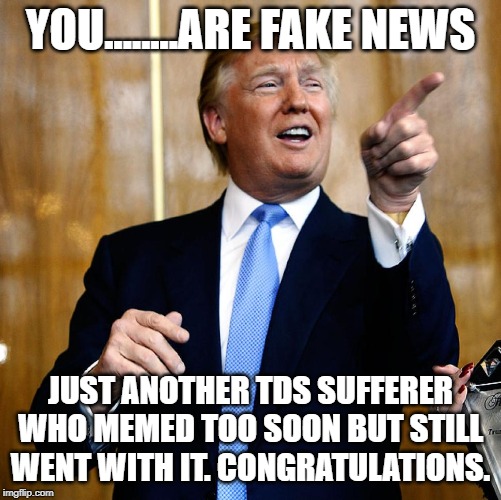 Donal Trump Birthday | YOU........ARE FAKE NEWS; JUST ANOTHER TDS SUFFERER WHO MEMED TOO SOON BUT STILL WENT WITH IT. CONGRATULATIONS. | image tagged in donal trump birthday | made w/ Imgflip meme maker