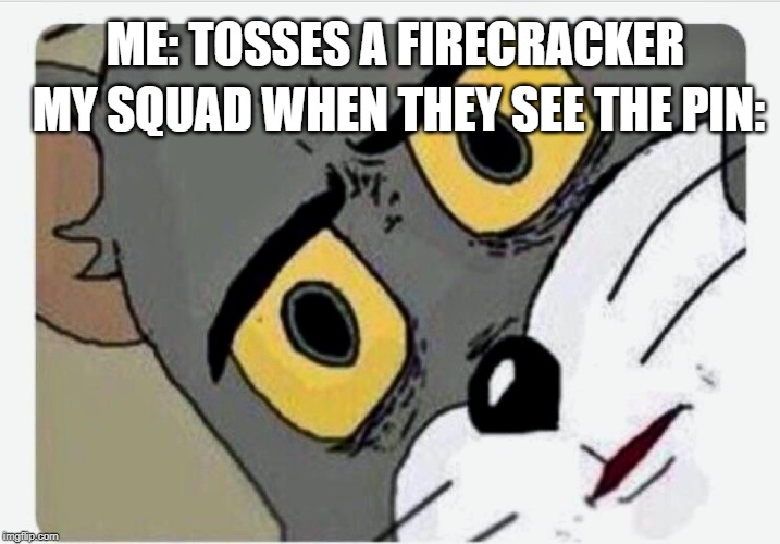 Disturbed Firework | MY SQUAD WHEN THEY SEE THE PIN:; ME: TOSSES A FIRECRACKER | image tagged in disturbed tom,tom and jerry | made w/ Imgflip meme maker