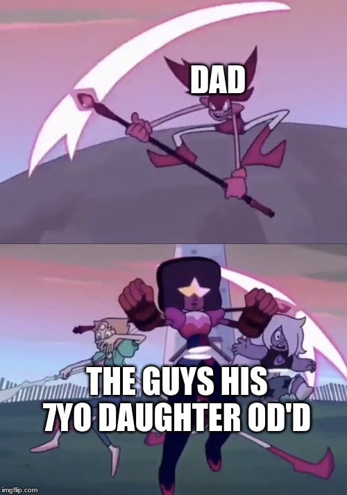 Spinel Slashing the Gems | DAD; THE GUYS HIS 7YO DAUGHTER OD'D | image tagged in spinel slashing the gems | made w/ Imgflip meme maker