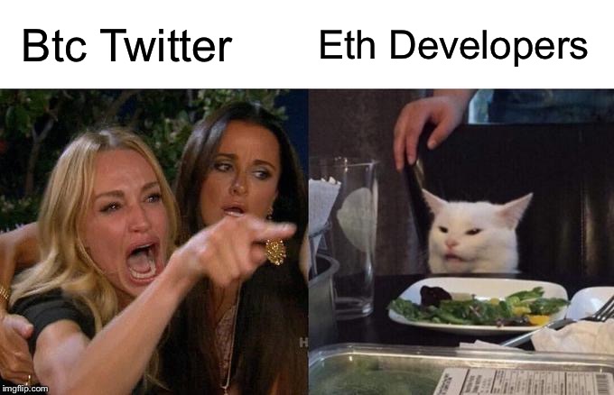 Woman Yelling At Cat Meme | Btc Twitter; Eth Developers | image tagged in memes,woman yelling at cat | made w/ Imgflip meme maker