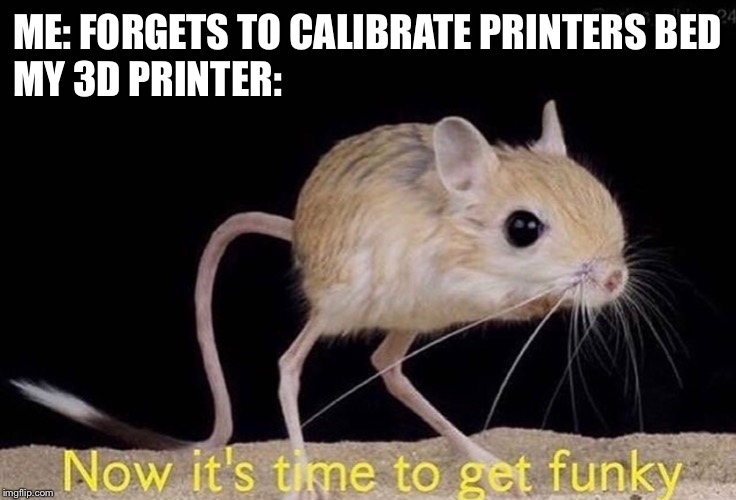 Now it’s time to get funky | ME: FORGETS TO CALIBRATE PRINTERS BED
MY 3D PRINTER: | image tagged in now its time to get funky | made w/ Imgflip meme maker