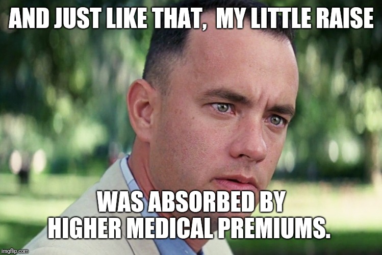 And Just Like That Meme | AND JUST LIKE THAT,  MY LITTLE RAISE; WAS ABSORBED BY HIGHER MEDICAL PREMIUMS. | image tagged in memes,and just like that | made w/ Imgflip meme maker