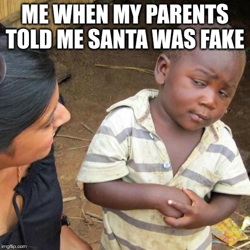 Third World Skeptical Kid Meme | ME WHEN MY PARENTS TOLD ME SANTA WAS FAKE | image tagged in memes,third world skeptical kid | made w/ Imgflip meme maker