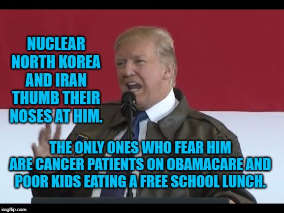Make Indonesia Great Again | NUCLEAR NORTH KOREA AND IRAN THUMB THEIR NOSES AT HIM. THE ONLY ONES WHO FEAR HIM ARE CANCER PATIENTS ON OBAMACARE AND POOR KIDS EATING A FREE SCHOOL LUNCH. | image tagged in make indonesia great again | made w/ Imgflip meme maker