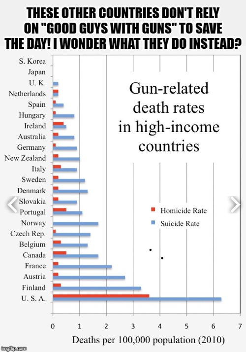 "Good guys with guns" aren't nearly as effective as whatever these countries do! | THESE OTHER COUNTRIES DON'T RELY ON "GOOD GUYS WITH GUNS" TO SAVE THE DAY! I WONDER WHAT THEY DO INSTEAD? | image tagged in gun deaths comparison by country 2010,gun control,gun laws,gun rights,second amendment,conservative logic | made w/ Imgflip meme maker