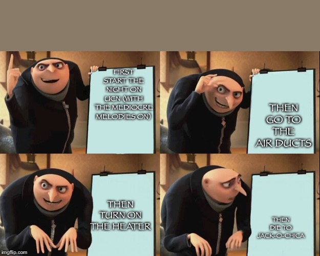 Gru's Plan Meme | FIRST START THE NIGHT ON UCN (WITH THE MEDIOCRE MELODIES ON); THEN GO TO THE AIR DUCTS; THEN DIE TO JACK-O-CHICA; THEN TURN ON THE HEATER | image tagged in despicable me diabolical plan gru template | made w/ Imgflip meme maker