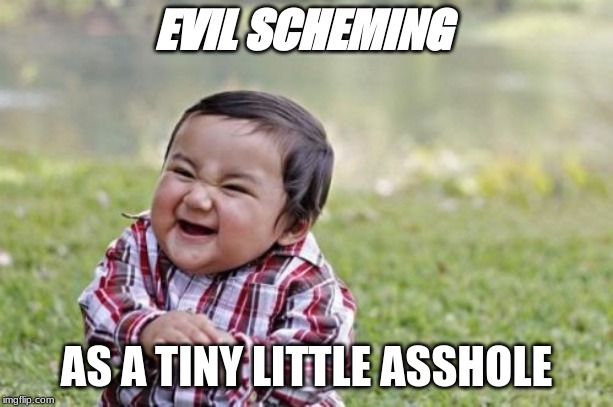 Evil Toddler | EVIL SCHEMING; AS A TINY LITTLE ASSHOLE | image tagged in memes,evil toddler | made w/ Imgflip meme maker