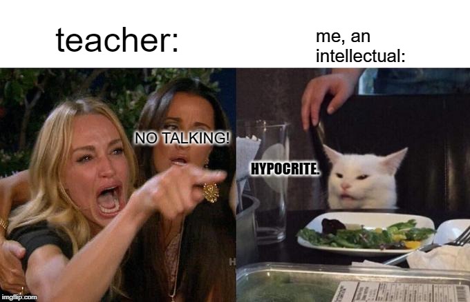 Woman Yelling At Cat | teacher:; me, an intellectual:; NO TALKING! HYPOCRITE. | image tagged in memes,woman yelling at cat | made w/ Imgflip meme maker