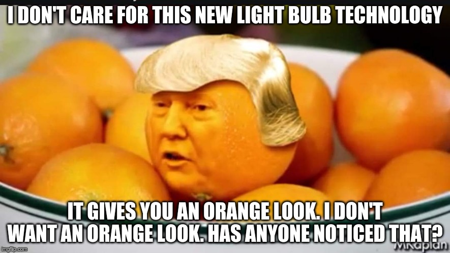 Or it could be the spray tan. You might want to look into that before scrapping energy saving tech. | I DON'T CARE FOR THIS NEW LIGHT BULB TECHNOLOGY; IT GIVES YOU AN ORANGE LOOK. I DON'T WANT AN ORANGE LOOK. HAS ANYONE NOTICED THAT? | image tagged in orange trump,memes,politics | made w/ Imgflip meme maker