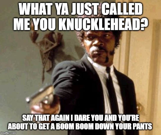 Say That Again I Dare You Meme | WHAT YA JUST CALLED ME YOU KNUCKLEHEAD? SAY THAT AGAIN I DARE YOU AND YOU'RE ABOUT TO GET A BOOM BOOM DOWN YOUR PANTS | image tagged in memes,say that again i dare you | made w/ Imgflip meme maker