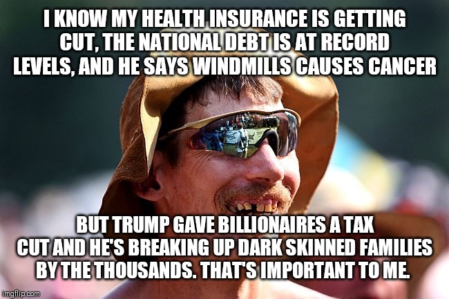 I KNOW MY HEALTH INSURANCE IS GETTING CUT, THE NATIONAL DEBT IS AT RECORD LEVELS, AND HE SAYS WINDMILLS CAUSES CANCER; BUT TRUMP GAVE BILLIONAIRES A TAX CUT AND HE'S BREAKING UP DARK SKINNED FAMILIES BY THE THOUSANDS. THAT'S IMPORTANT TO ME. | image tagged in redneck | made w/ Imgflip meme maker