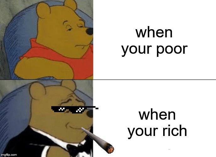 Tuxedo Winnie The Pooh Meme | when your poor; when your rich | image tagged in memes,tuxedo winnie the pooh | made w/ Imgflip meme maker