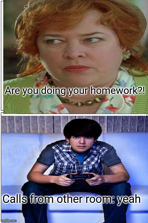 Are you doing your homework?! Calls from other room: yeah | image tagged in gaming | made w/ Imgflip meme maker