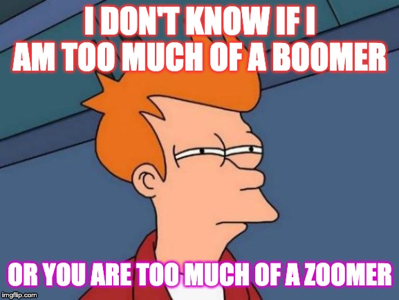 Futurama Fry Meme | I DON'T KNOW IF I AM TOO MUCH OF A BOOMER; OR YOU ARE TOO MUCH OF A ZOOMER | image tagged in memes,futurama fry | made w/ Imgflip meme maker