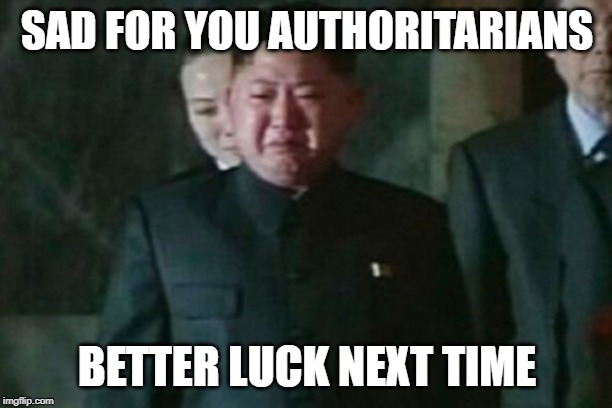 Kim Jong Un Sad Meme | SAD FOR YOU AUTHORITARIANS BETTER LUCK NEXT TIME | image tagged in memes,kim jong un sad | made w/ Imgflip meme maker