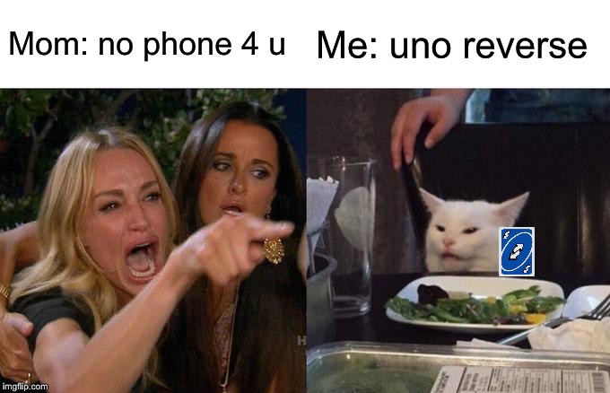 Woman Yelling At Cat | Mom: no phone 4 u; Me: uno reverse | image tagged in memes,woman yelling at cat | made w/ Imgflip meme maker