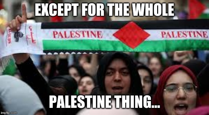 PALESTINA | EXCEPT FOR THE WHOLE PALESTINE THING... | image tagged in palestina | made w/ Imgflip meme maker