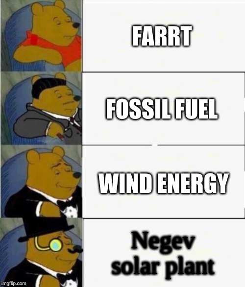 Tuxedo Winnie the Pooh 4 panel | FARRT; FOSSIL FUEL; WIND ENERGY; Negev solar plant | image tagged in tuxedo winnie the pooh 4 panel | made w/ Imgflip meme maker