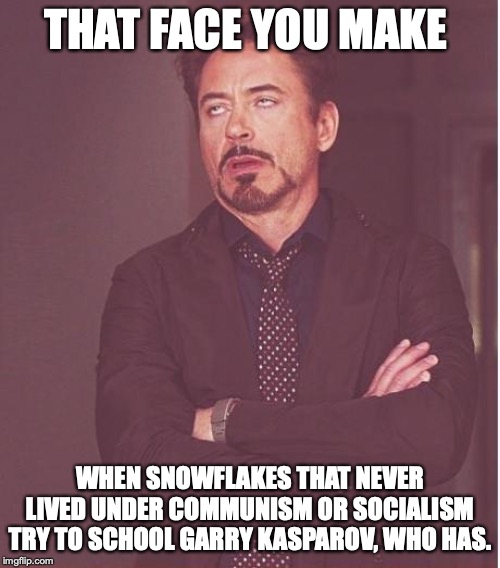 It would be hilarious if the snowflakes weren't so stupid. | THAT FACE YOU MAKE; WHEN SNOWFLAKES THAT NEVER LIVED UNDER COMMUNISM OR SOCIALISM TRY TO SCHOOL GARRY KASPAROV, WHO HAS. | image tagged in 2019,garry kasparov,socialism,communism,liberals,snowflakes | made w/ Imgflip meme maker