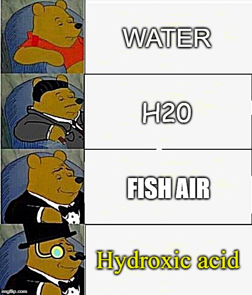 Tuxedo Winnie the Pooh 4 panel | WATER; H20; FISH AIR; Hydroxic acid | image tagged in tuxedo winnie the pooh 4 panel | made w/ Imgflip meme maker