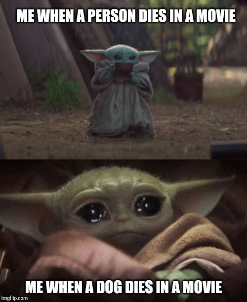 ME WHEN A PERSON DIES IN A MOVIE; ME WHEN A DOG DIES IN A MOVIE | image tagged in baby yoda cry | made w/ Imgflip meme maker