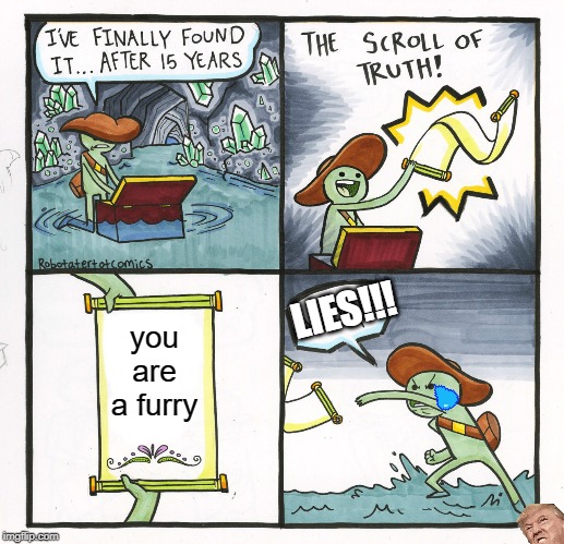 I have nothing against furries. it just makes for a good meme. | LIES!!! you are a furry | image tagged in memes,the scroll of truth | made w/ Imgflip meme maker