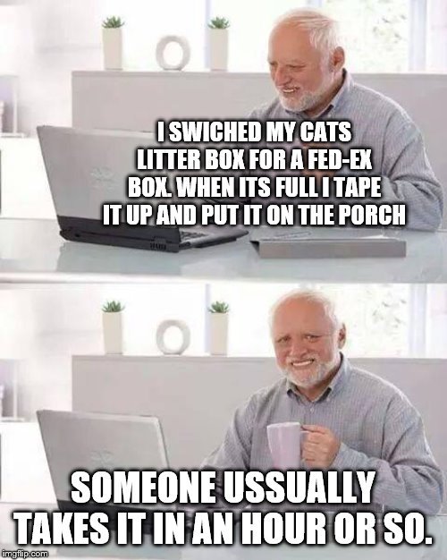 Hide the Pain Harold | I SWICHED MY CATS LITTER BOX FOR A FED-EX BOX. WHEN ITS FULL I TAPE IT UP AND PUT IT ON THE PORCH; SOMEONE USSUALLY TAKES IT IN AN HOUR OR SO. | image tagged in memes,hide the pain harold | made w/ Imgflip meme maker