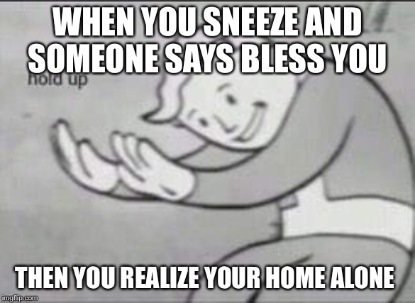 Fallout Hold Up | WHEN YOU SNEEZE AND SOMEONE SAYS BLESS YOU; THEN YOU REALIZE YOUR HOME ALONE | image tagged in fallout hold up,creepy,funny,memes | made w/ Imgflip meme maker