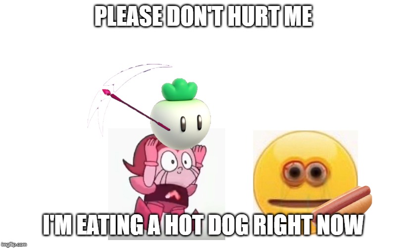 Don't hurt me, I have a hot dog | PLEASE DON'T HURT ME; I'M EATING A HOT DOG RIGHT NOW | image tagged in donthurtmeihaveahotdog,spinel holding a turnip which is holdig a gem slicer,vibe check,cursed image,cursed emoji with hot dog | made w/ Imgflip meme maker