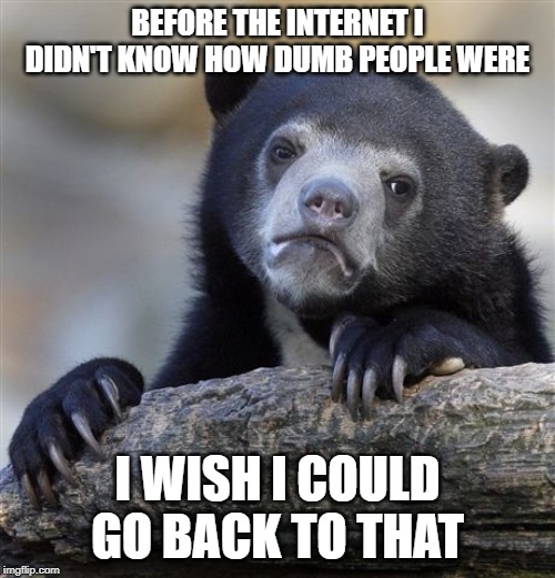 Probably just nostalgia, but... | BEFORE THE INTERNET I DIDN'T KNOW HOW DUMB PEOPLE WERE; I WISH I COULD GO BACK TO THAT | image tagged in memes,confession bear | made w/ Imgflip meme maker