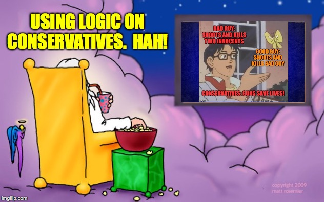 god watching tv | USING LOGIC ON CONSERVATIVES.  HAH! | image tagged in god watching tv | made w/ Imgflip meme maker