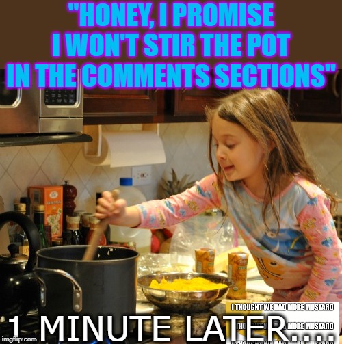 Do Not Stir The Pot | "HONEY, I PROMISE I WON'T STIR THE POT IN THE COMMENTS SECTIONS"; 1 MINUTE LATER.... | image tagged in stirring the pot | made w/ Imgflip meme maker
