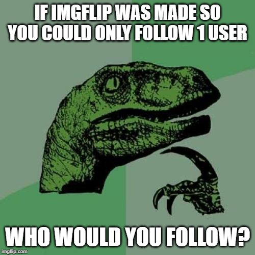 Philosoraptor Meme |  IF IMGFLIP WAS MADE SO YOU COULD ONLY FOLLOW 1 USER; WHO WOULD YOU FOLLOW? | image tagged in memes,philosoraptor | made w/ Imgflip meme maker