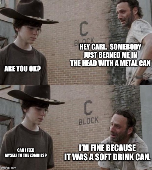 Rick and Carl Meme | HEY CARL.  SOMEBODY JUST BEANED ME IN THE HEAD WITH A METAL CAN; ARE YOU OK? I’M FINE BECAUSE IT WAS A SOFT DRINK CAN. CAN I FEED MYSELF TO THE ZOMBIES? | image tagged in memes,rick and carl | made w/ Imgflip meme maker