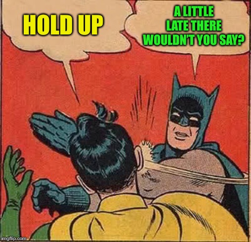 Batman Slapping Robin Meme | HOLD UP A LITTLE LATE THERE WOULDN’T YOU SAY? | image tagged in memes,batman slapping robin | made w/ Imgflip meme maker