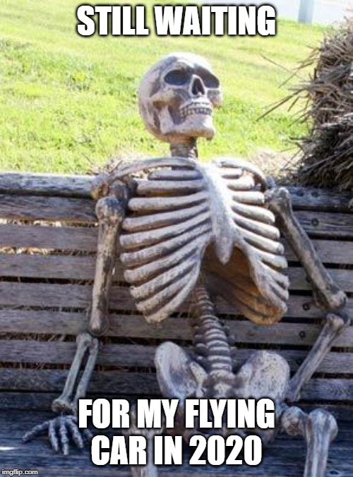 Too many people would crash into houses, really. | STILL WAITING; FOR MY FLYING CAR IN 2020 | image tagged in memes,waiting skeleton,flying car,2020 | made w/ Imgflip meme maker