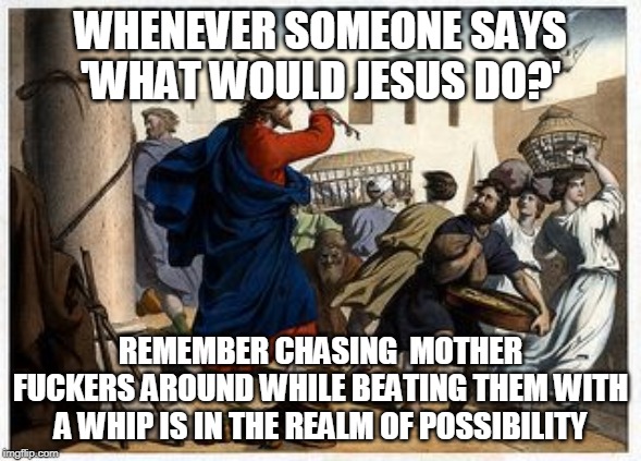 jesus-whip-you | WHENEVER SOMEONE SAYS 'WHAT WOULD JESUS DO?' REMEMBER CHASING  MOTHER F**KERS AROUND WHILE BEATING THEM WITH A WHIP IS IN THE REALM OF POSSI | image tagged in jesus-whip-you | made w/ Imgflip meme maker