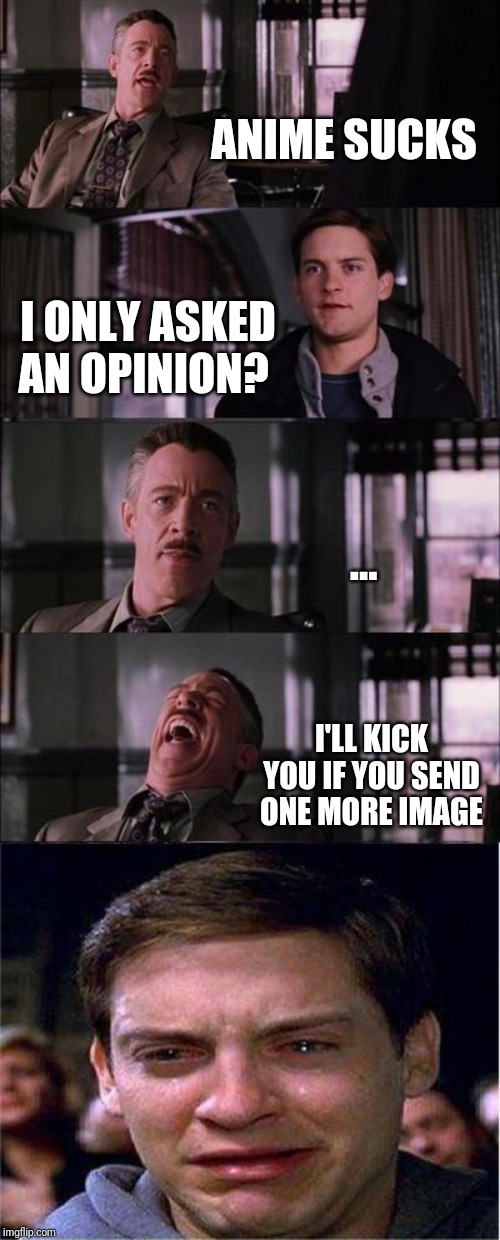Peter Parker Cry Meme | ANIME SUCKS; I ONLY ASKED AN OPINION? ... I'LL KICK YOU IF YOU SEND ONE MORE IMAGE | image tagged in memes,peter parker cry | made w/ Imgflip meme maker