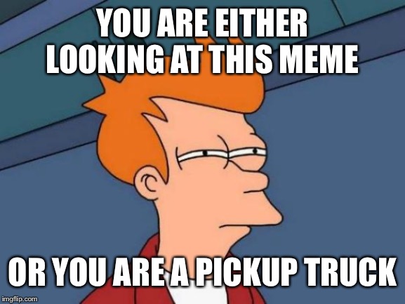 Futurama Fry Meme | YOU ARE EITHER LOOKING AT THIS MEME; OR YOU ARE A PICKUP TRUCK | image tagged in memes,futurama fry | made w/ Imgflip meme maker