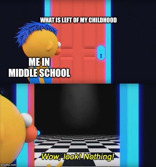 If middle school was a person, I would have murdered them by now. | WHAT IS LEFT OF MY CHILDHOOD; ME IN MIDDLE SCHOOL | image tagged in wow look nothing,middle school,right in the childhood | made w/ Imgflip meme maker