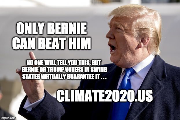 Only Bernie can defeat Trump in swing states . . . | ONLY BERNIE CAN BEAT HIM; NO ONE WILL TELL YOU THIS, BUT 
BERNIE OR TRUMP VOTERS IN SWING STATES VIRTUALLY GUARANTEE IT . . . CLIMATE2020.US | image tagged in donald trump,bernie sanders,vote bernie sanders,joe biden,elizabeth warren | made w/ Imgflip meme maker