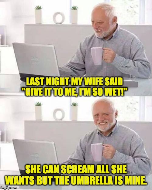 Hide the Pain Harold Meme | LAST NIGHT MY WIFE SAID "GIVE IT TO ME, I'M SO WET!"; SHE CAN SCREAM ALL SHE WANTS BUT THE UMBRELLA IS MINE. | image tagged in memes,hide the pain harold | made w/ Imgflip meme maker