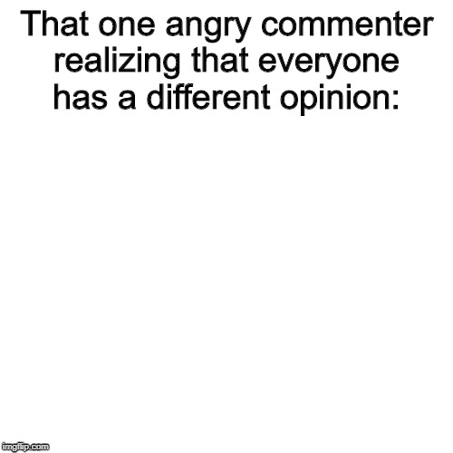 Blank Transparent Square | That one angry commenter realizing that everyone has a different opinion: | image tagged in memes,blank transparent square | made w/ Imgflip meme maker