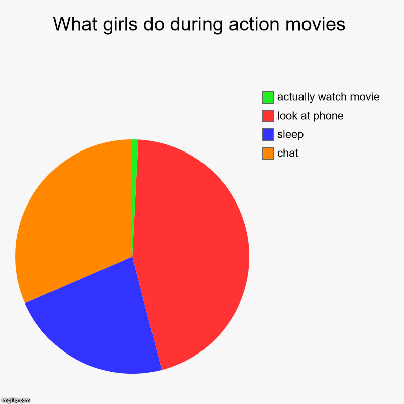 What girls do during action movies | chat, sleep, look at phone, actually watch movie | image tagged in charts,pie charts | made w/ Imgflip chart maker