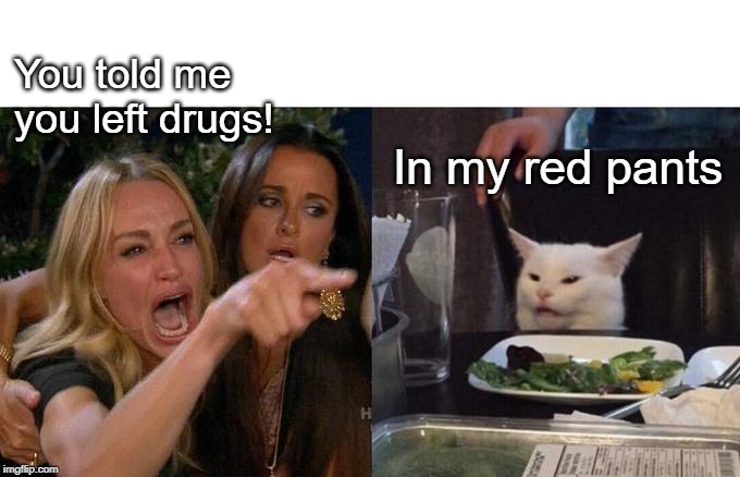 Woman Yelling At Cat Meme | You told me you left drugs! In my red pants | image tagged in memes,woman yelling at cat | made w/ Imgflip meme maker